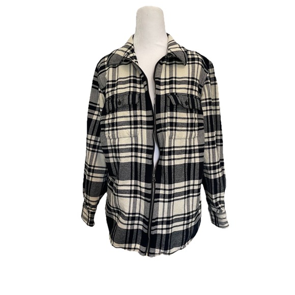 Chaps Womens Plus Jacket 1X Black White Plaid Front Zipper Front Pocket Shacket - Picture 1 of 5